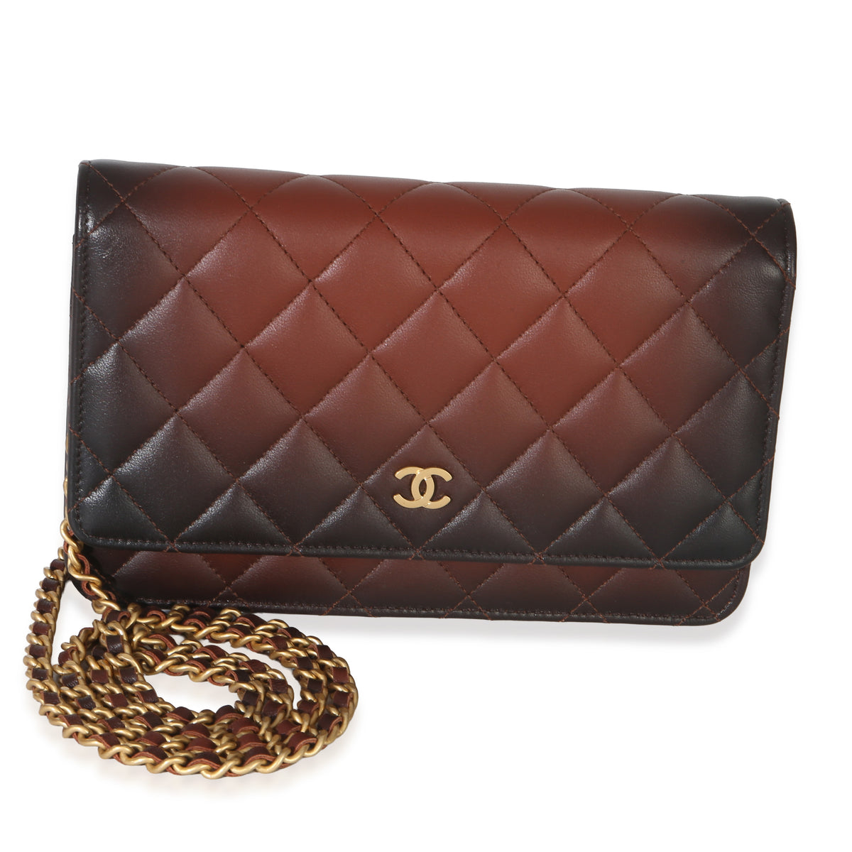 Chanel Brown Ombre Quilted Lambskin Classic Wallet On Chain Handbag fv