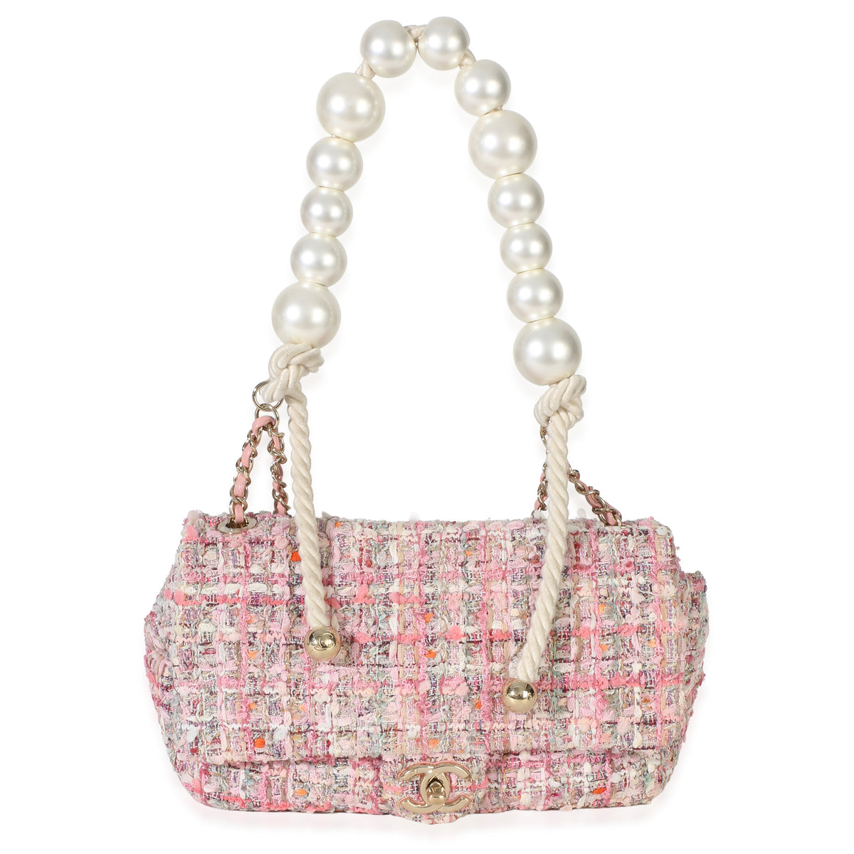 Chanel Pink Multicolor Tweed Medium Pearl Handle Flap Bag Handbag id