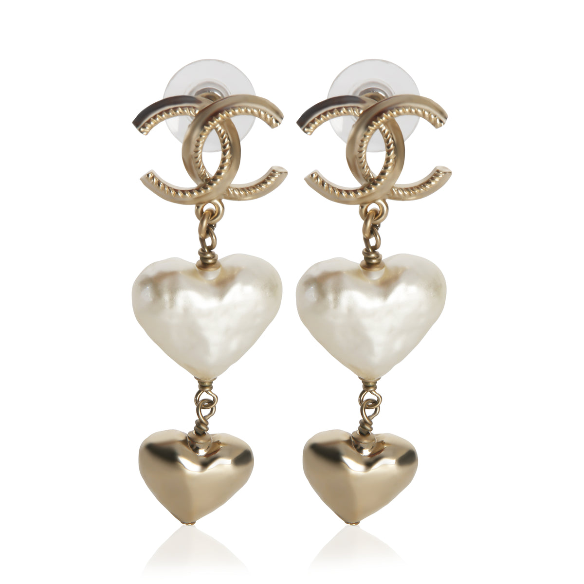Chanel Gold Plated  2022 Faux Heart Pearls & CC Drop Earrings fv