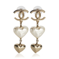 Chanel Gold Plated  2022 Faux Heart Pearls & CC Drop Earrings fv