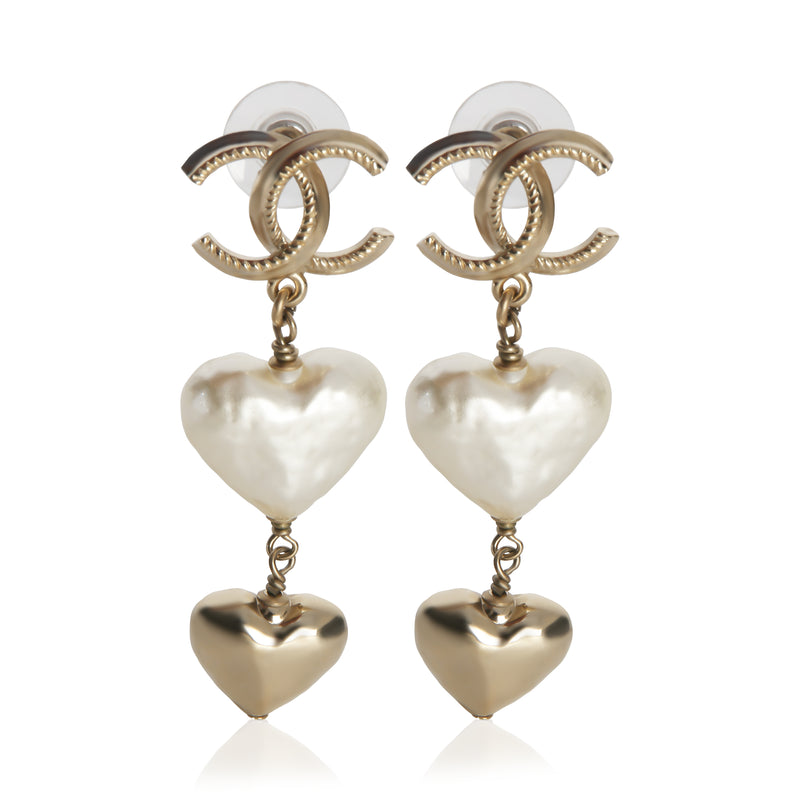 Chanel Gold Plated  2022 Faux Heart Pearls & CC Drop Earrings fv
