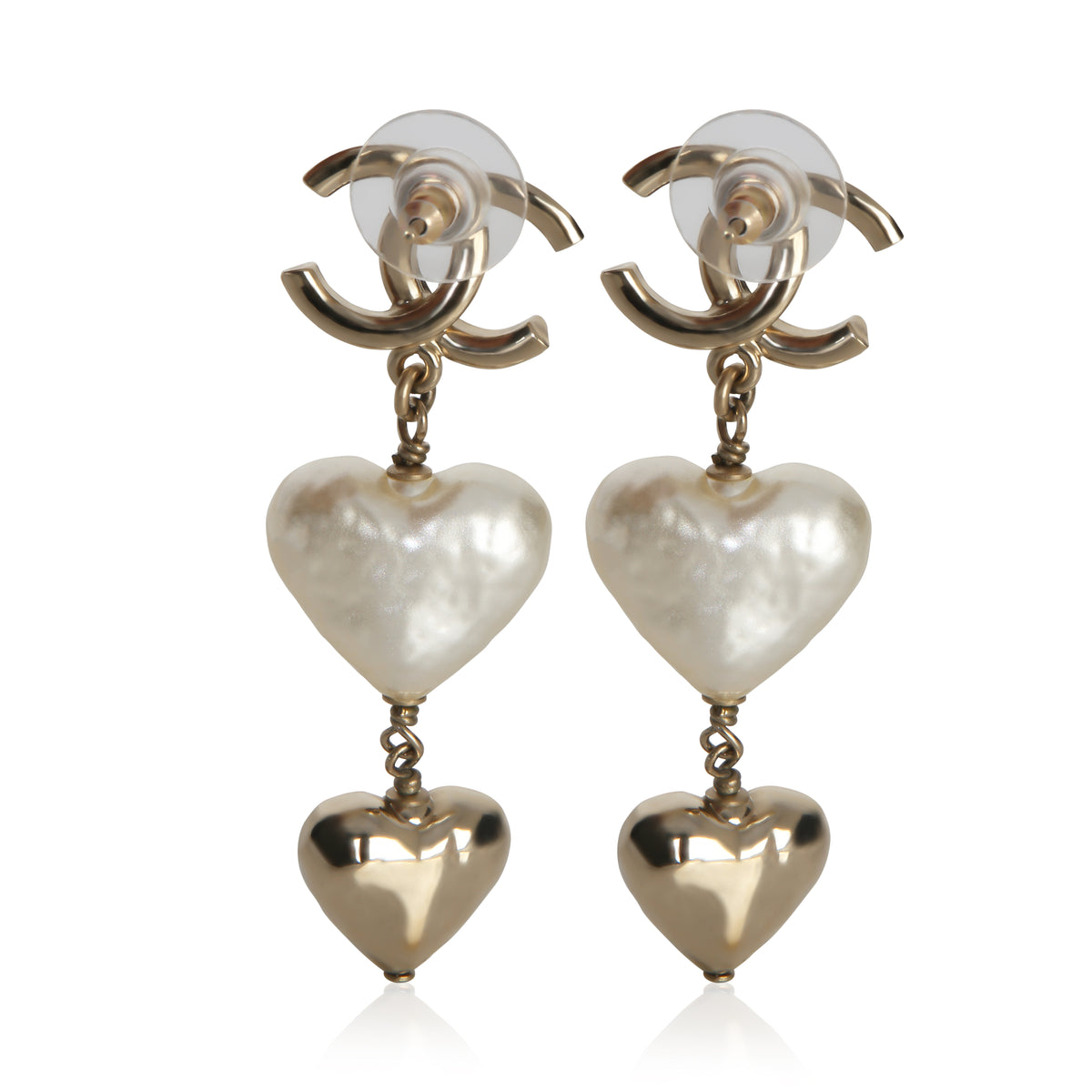 Chanel Gold Plated  2022 Faux Heart Pearls & CC Drop Earrings pv
