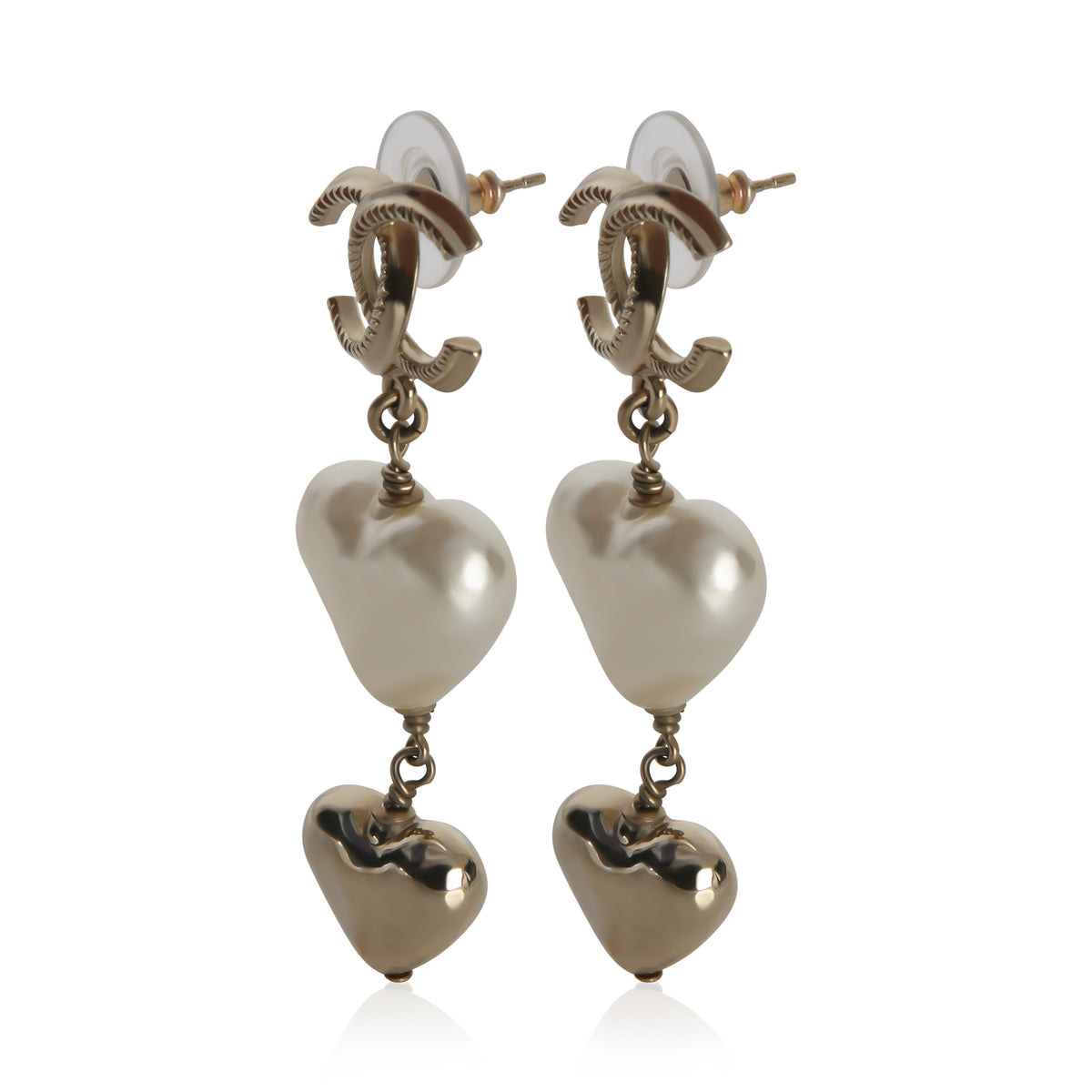 Chanel Gold Plated  2022 Faux Heart Pearls & CC Drop Earrings sv
