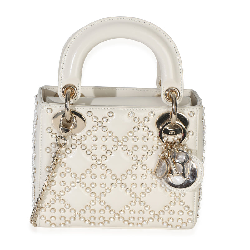 Christian Dior White Cannage Supple Pearl Studded Calfskin Mini Lady Dior Handbag id