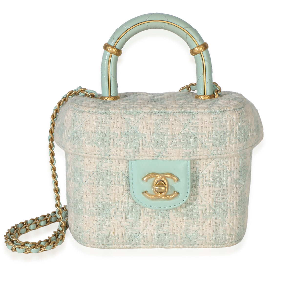 Chanel Blue Ecru Tweed Handle Crush Top Handle Flap Bag Handbag id