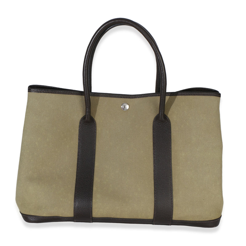 Hermès Khaki Marron Fonce Negonda Toile Garden Party 36 PHW Handbag fv