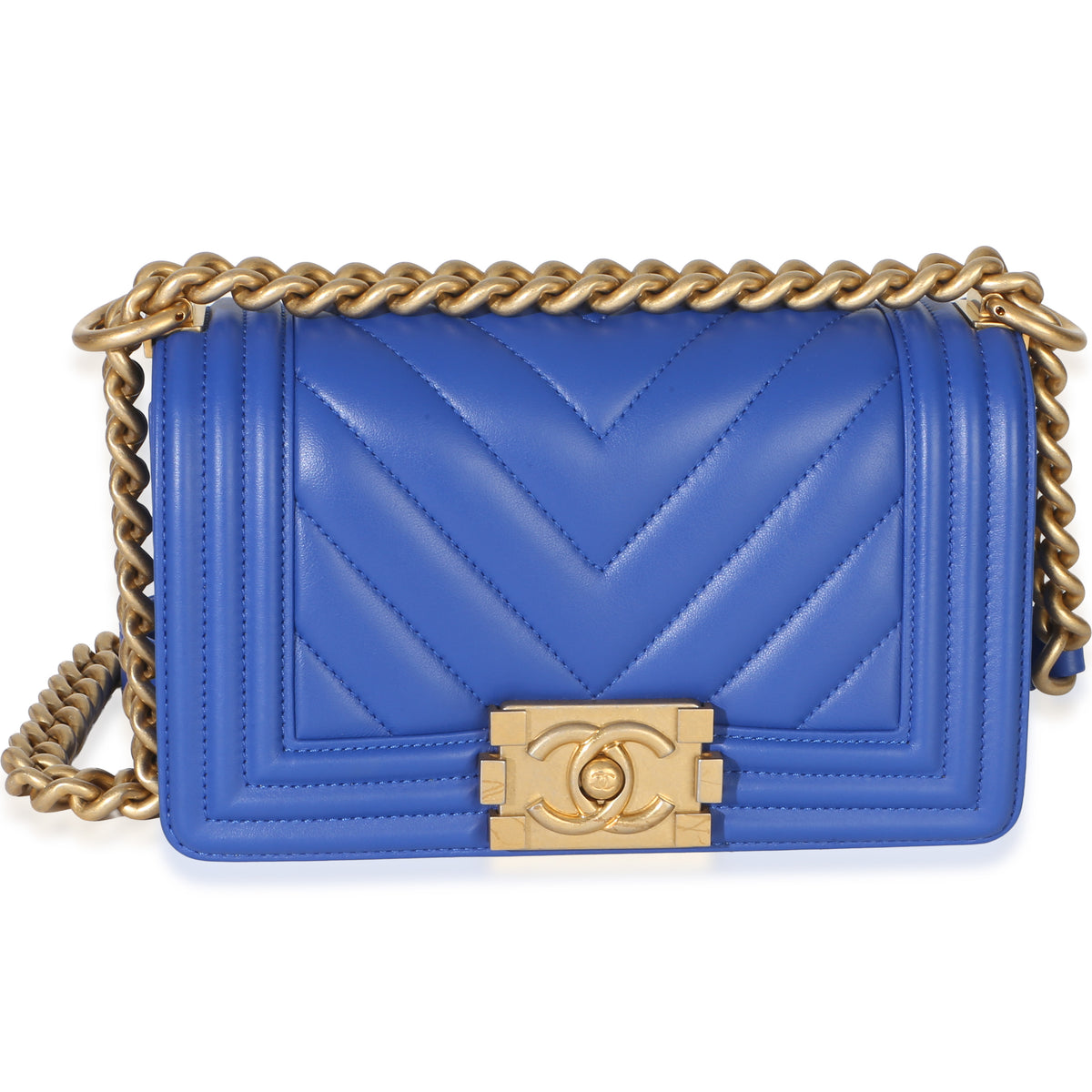 Chanel Blue Lambskin Chevron Quilted Small Boy Bag Handbag fv