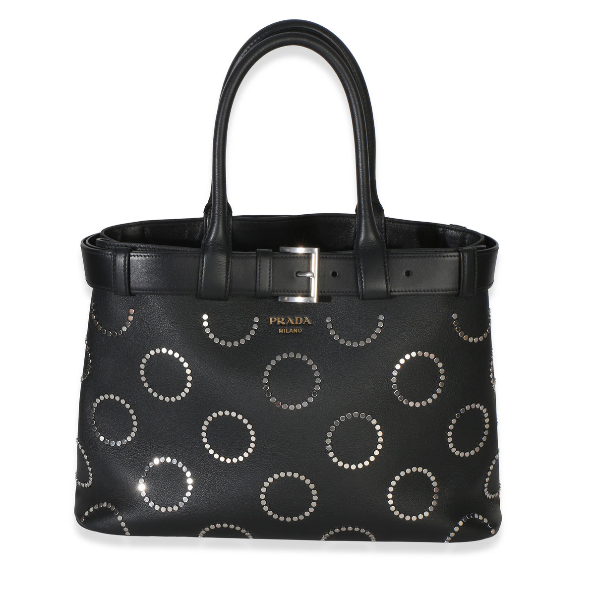 Prada Black Soft Grain Calfskin Studded Large Buckle Bag With Belt Handbag id