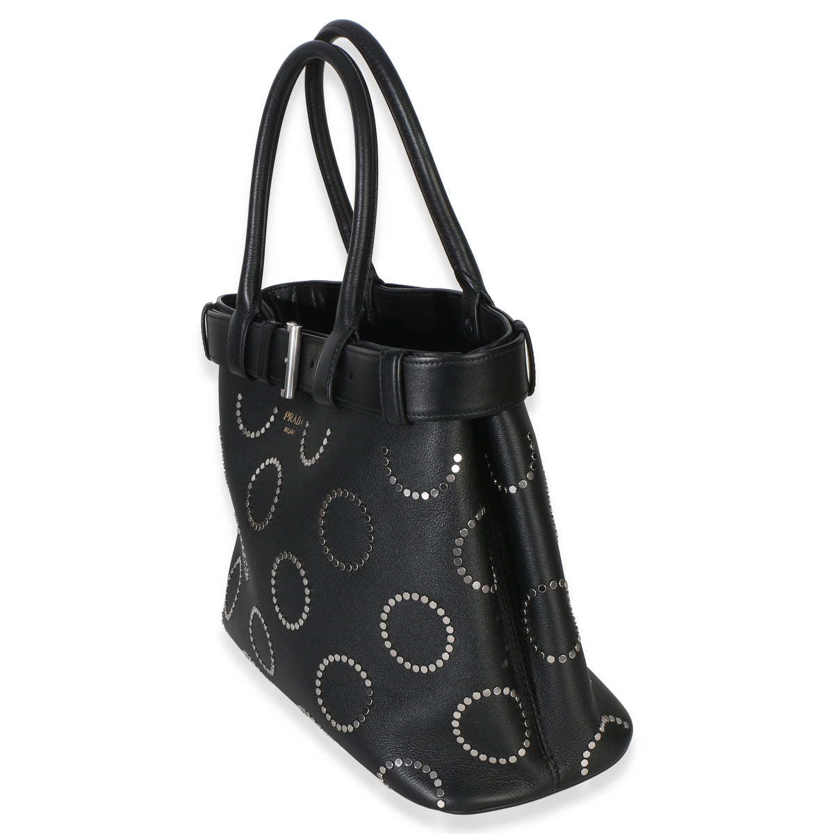 Prada Black Soft Grain Calfskin Studded Large Buckle Bag With Belt Handbag 2
