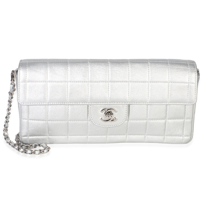Chanel Silver Metallic Quilted Lambskin Chocolate Bar East West Flap Bag Handbag id