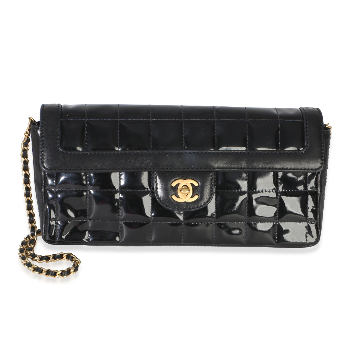 Chanel Black Patent Quilted Lambskin Chocolate Bar East West Flap Bag Handbag id