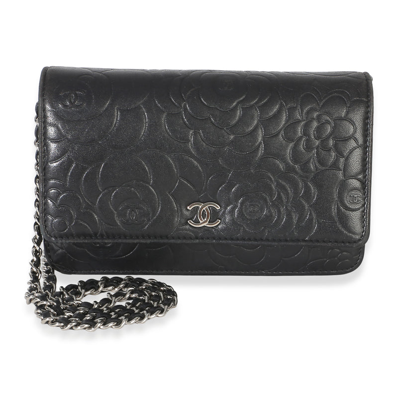Chanel Black Lambskin Camellia Embossed Wallet on Chain Handbag id