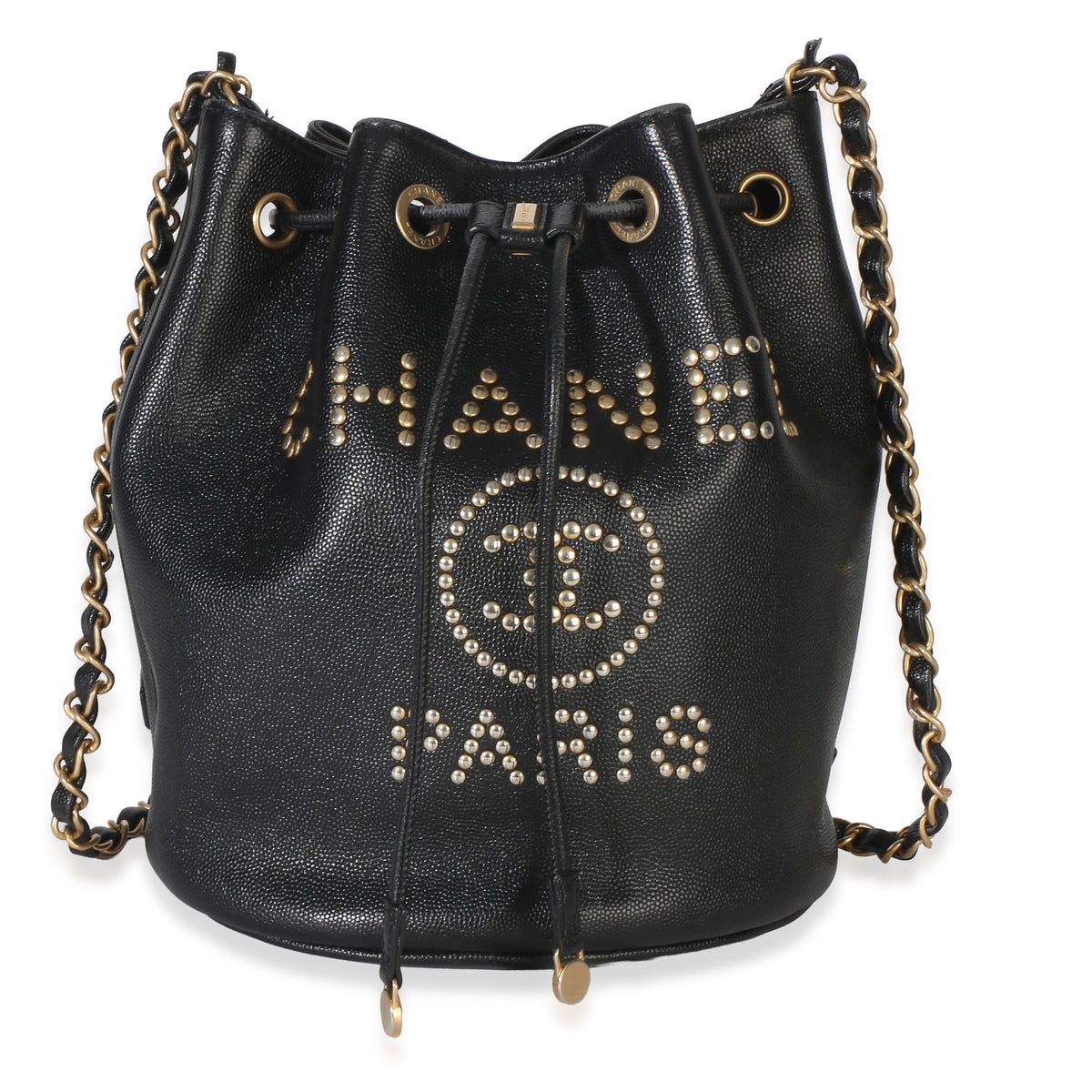 Chanel Black Caviar Studded Deauville Drawstring Bucket Handbag Handbag fv