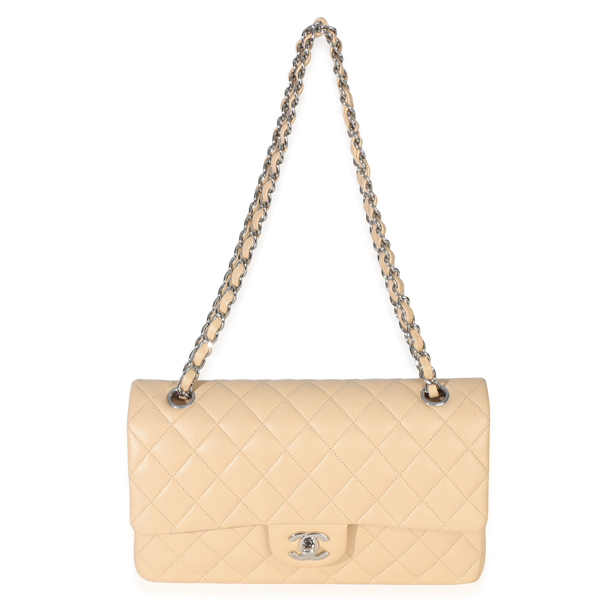 Chanel Beige Quilted Lambskin Medium Classic Double Flap Bag Handbag 7