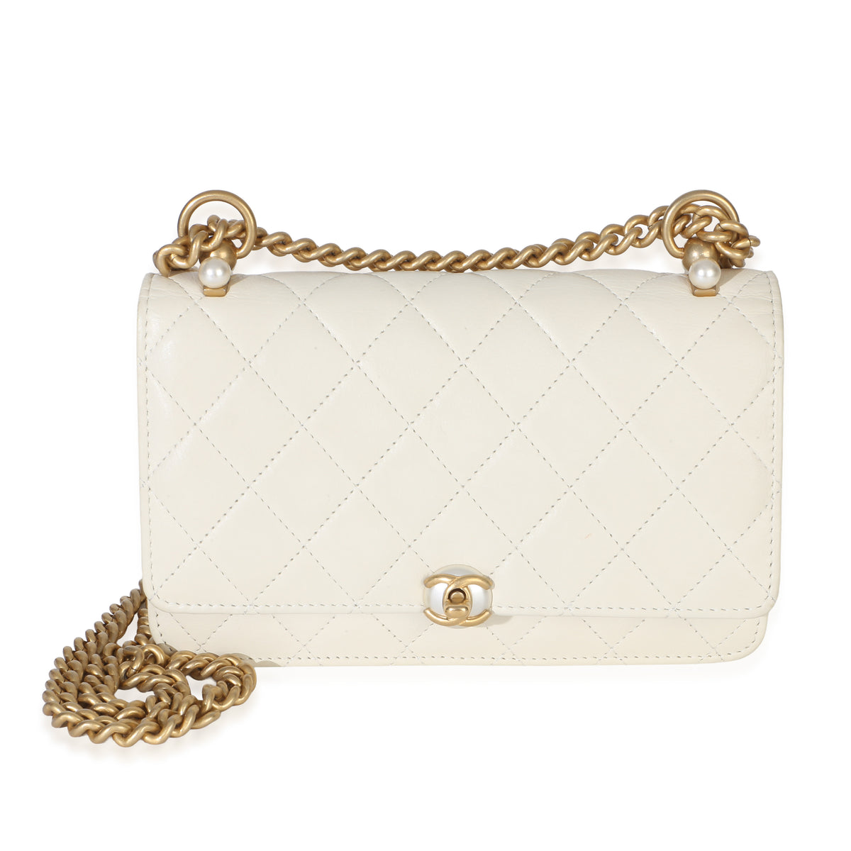 Chanel White Quilted Calfskin Pearl CC Wallet On Chain Handbag fv