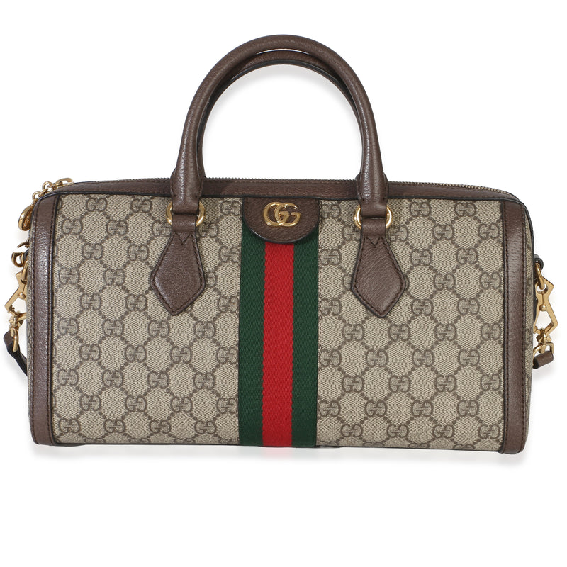 Gucci Beige GG Supreme Monogram Canvas Web Medium Ophidia Boston Bag Handbag id
