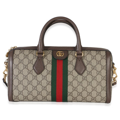 Gucci Beige GG Supreme Monogram Canvas Web Medium Ophidia Boston Bag Handbag fv
