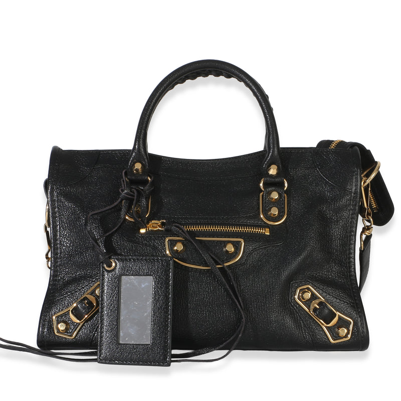 Balenciaga Black Chevre Gold Metallic Edge Small City Bag Handbag id