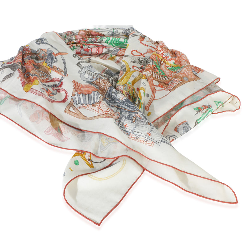 Hermès Blanc Vert Curry Le Monde d' Cashmere Silk Shawl 140 id
