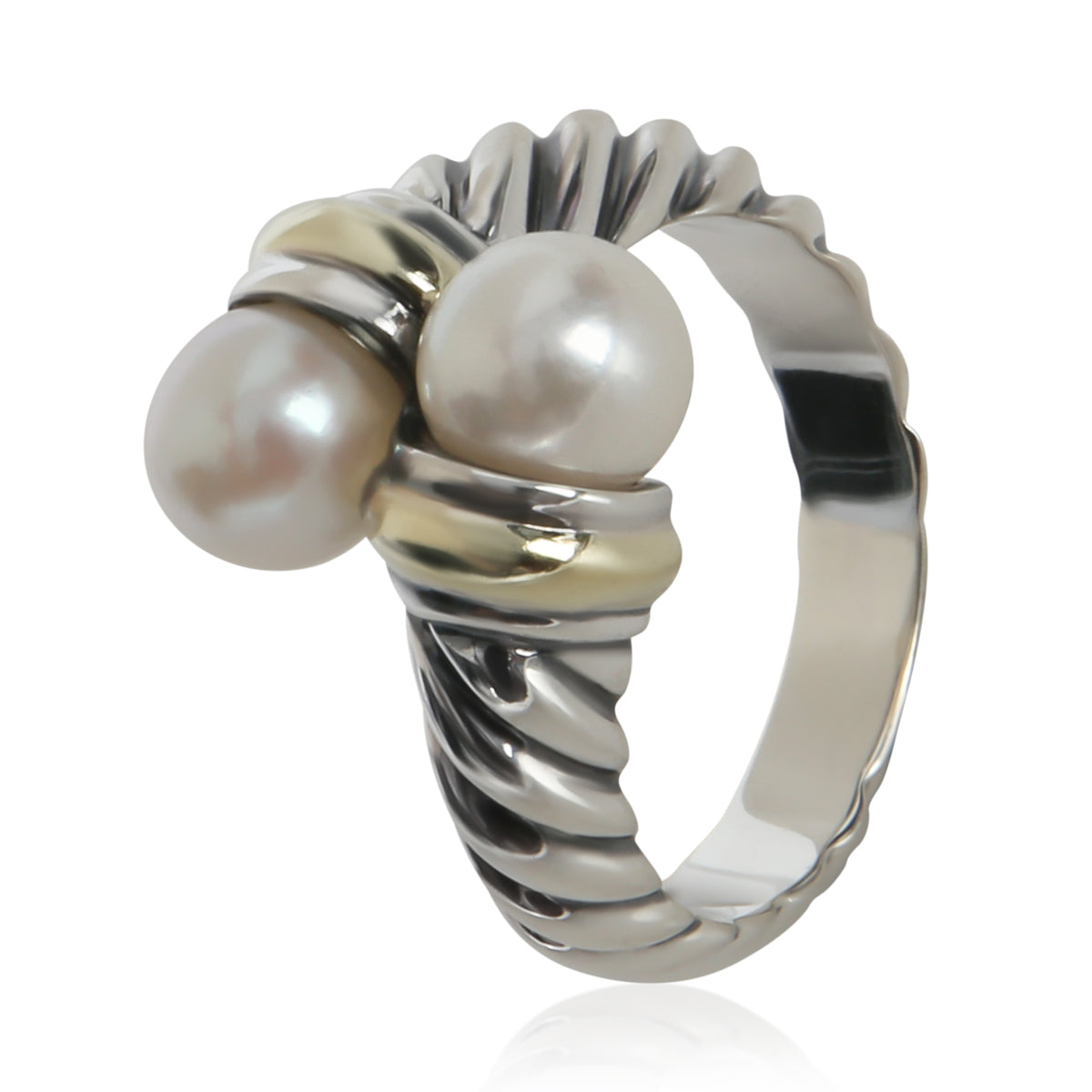 David Yurman Yellow Gold & Sterling Silver Pearl Cable Bypass Ring bv