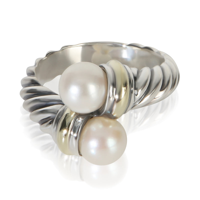 David Yurman Yellow Gold & Sterling Silver Pearl Cable Bypass Ring fv