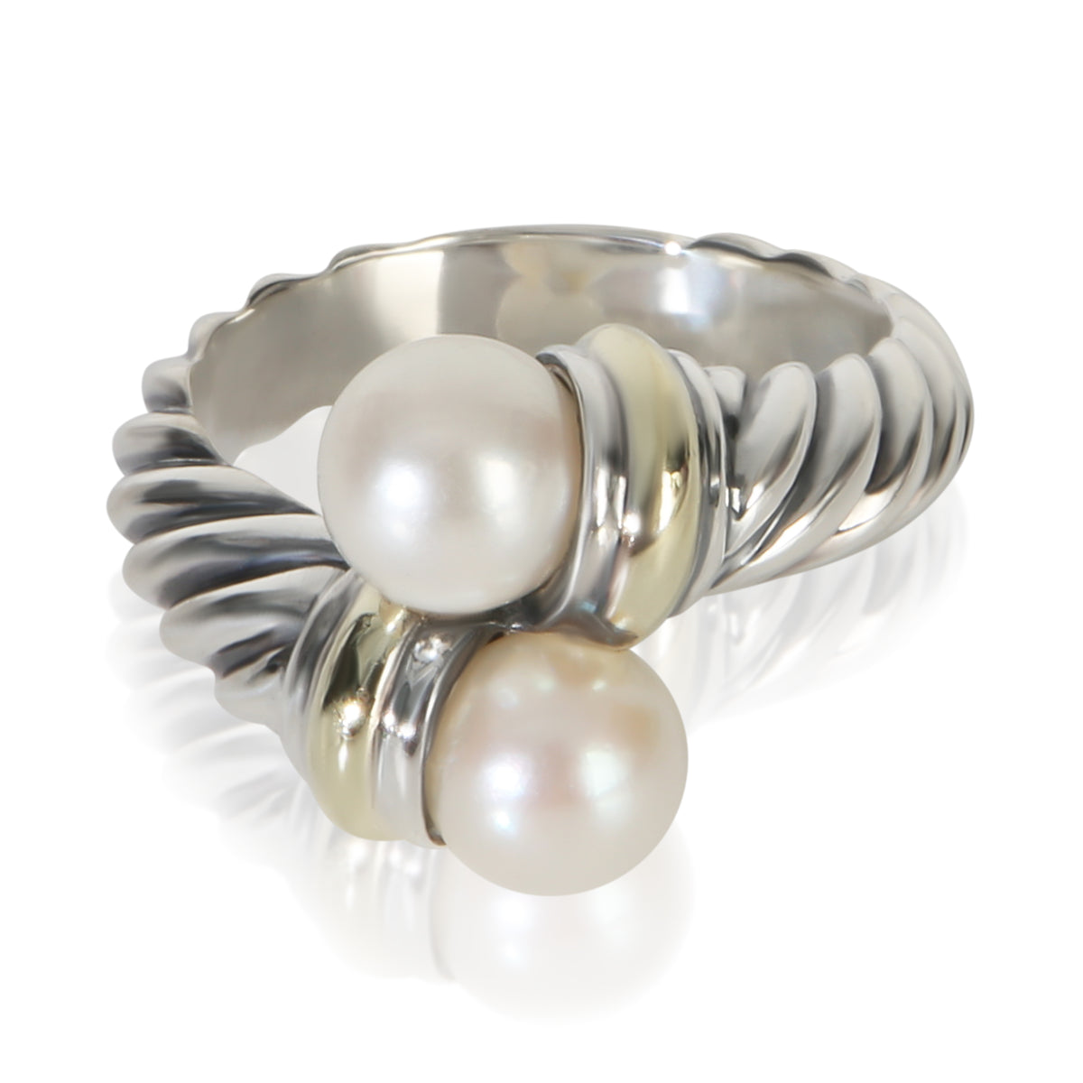 David Yurman Yellow Gold & Sterling Silver Pearl Cable Bypass Ring fv