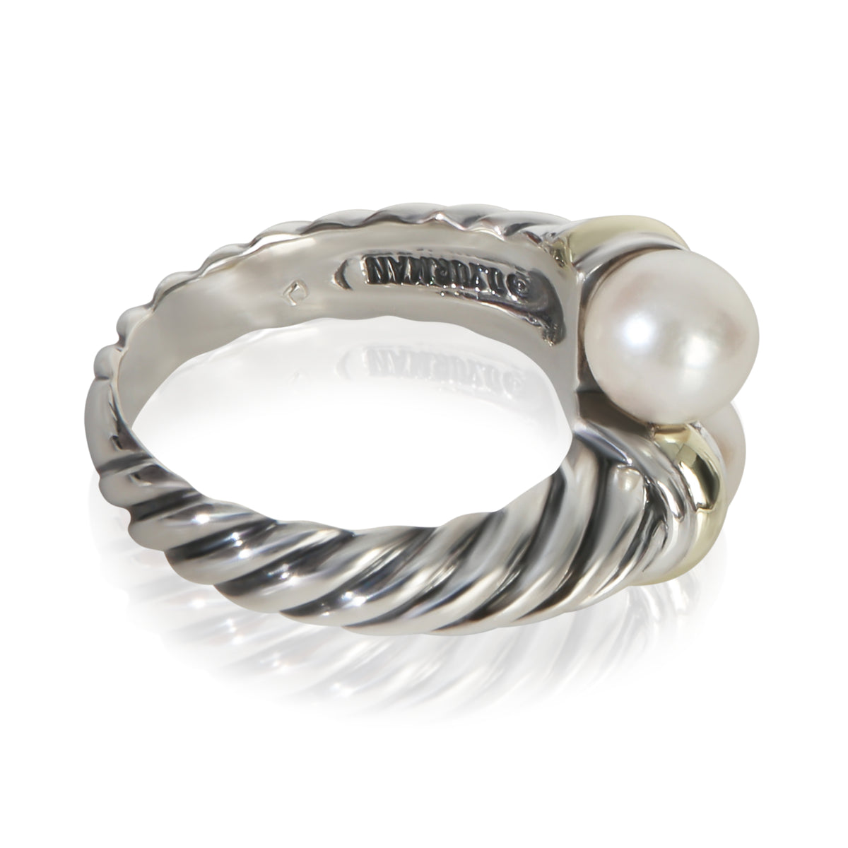 David Yurman Yellow Gold & Sterling Silver Pearl Cable Bypass Ring pv