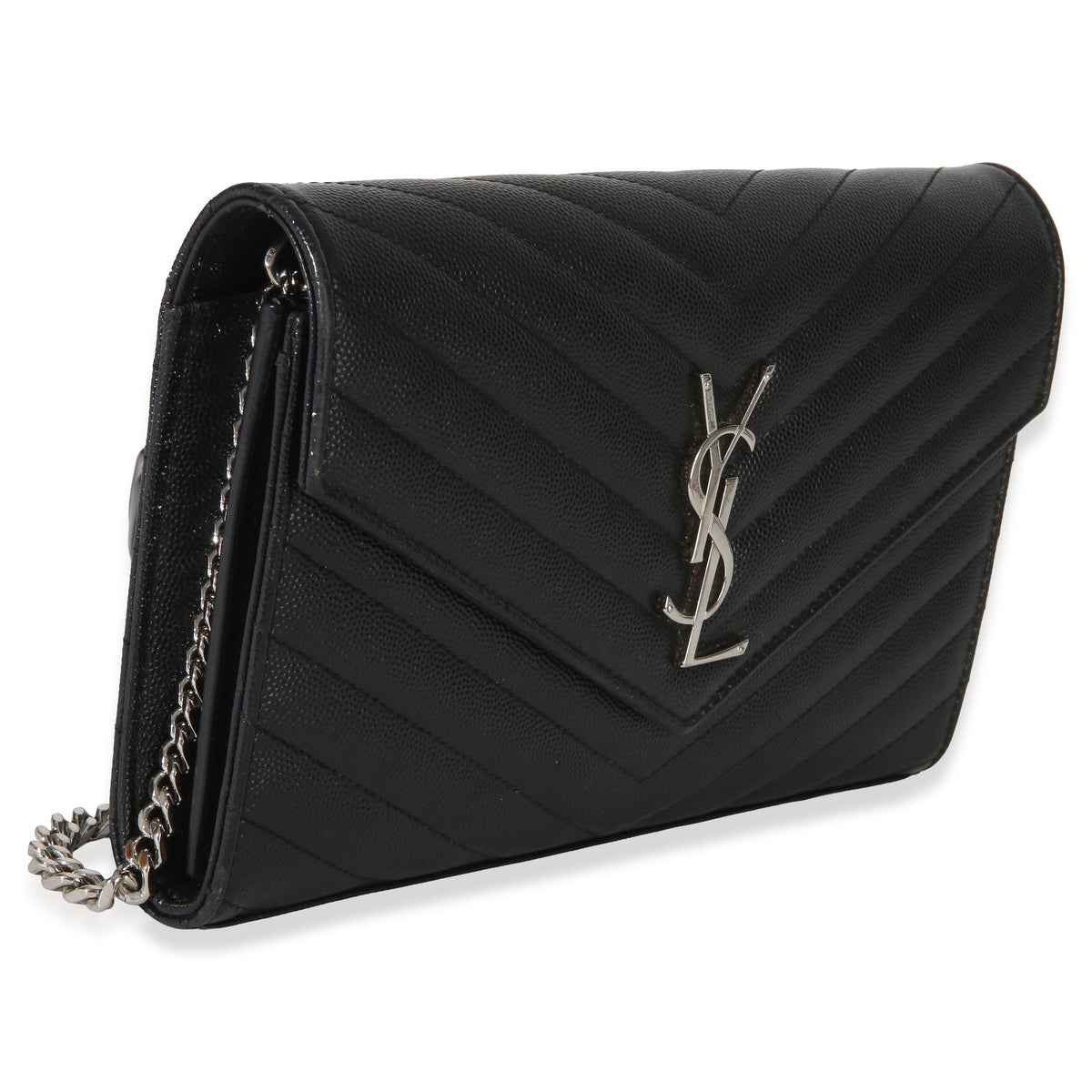 Saint Laurent Black Grain De Poudre Cassandre Chain Wallet Handbag 2