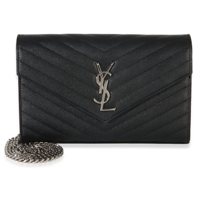 Saint Laurent Black Grain De Poudre Cassandre Chain Wallet Handbag fv