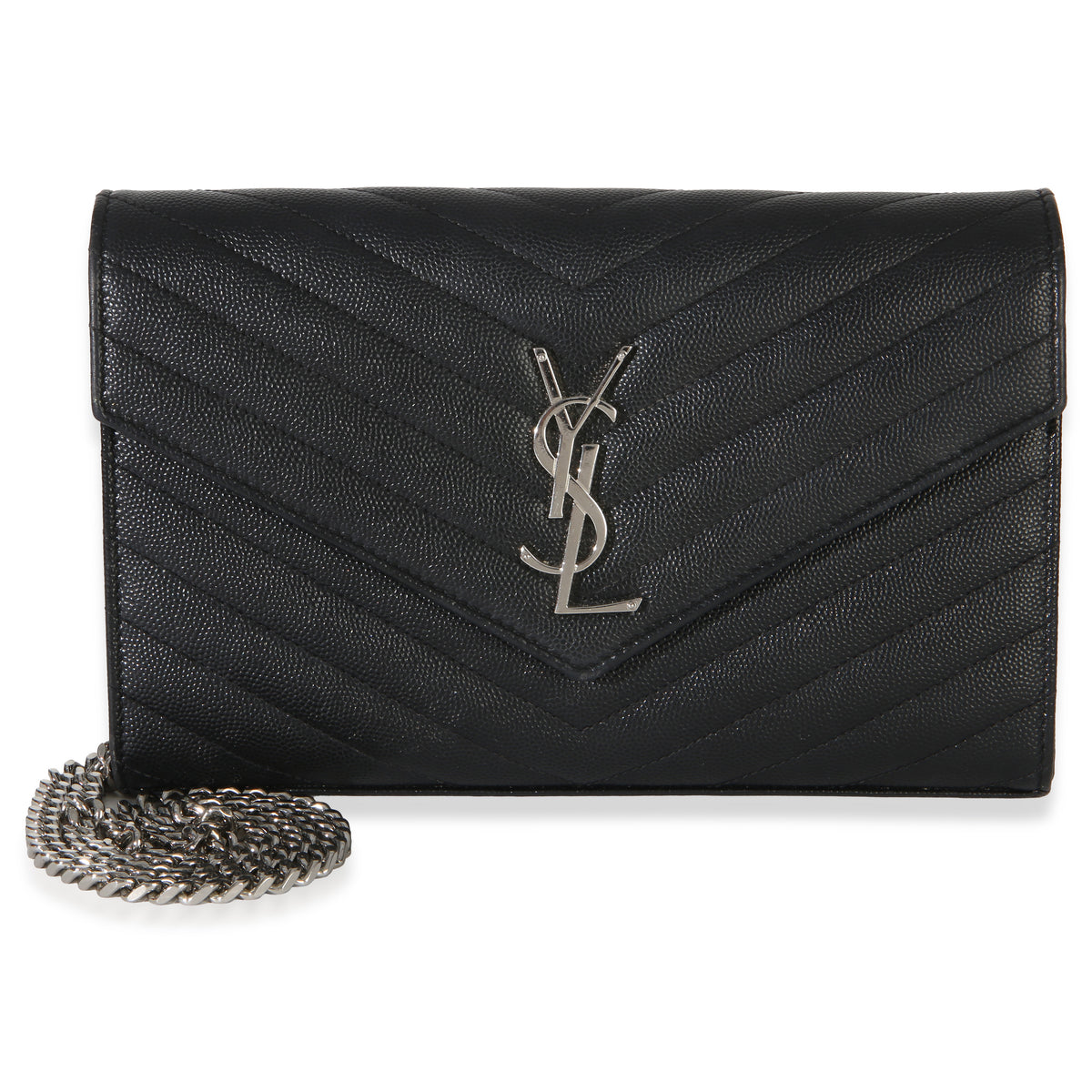 Saint Laurent Black Grain De Poudre Cassandre Chain Wallet Handbag fv