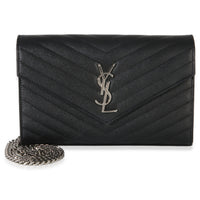 Saint Laurent Black Grain De Poudre Cassandre Chain Wallet Handbag fv
