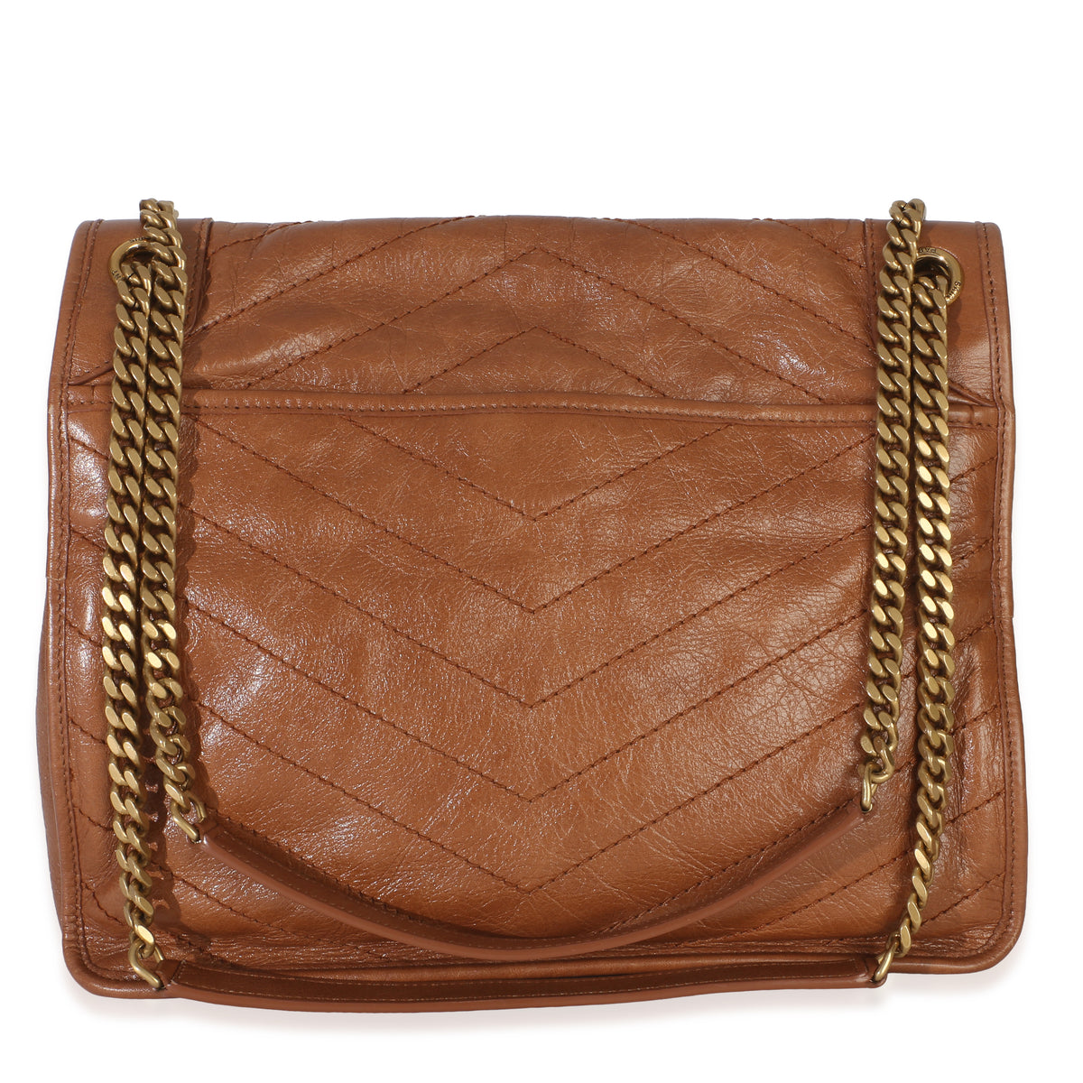 Saint Laurent Caramel Crinkled Calfskin Matelasse Medium Niki Chain Satchel Handbag bv