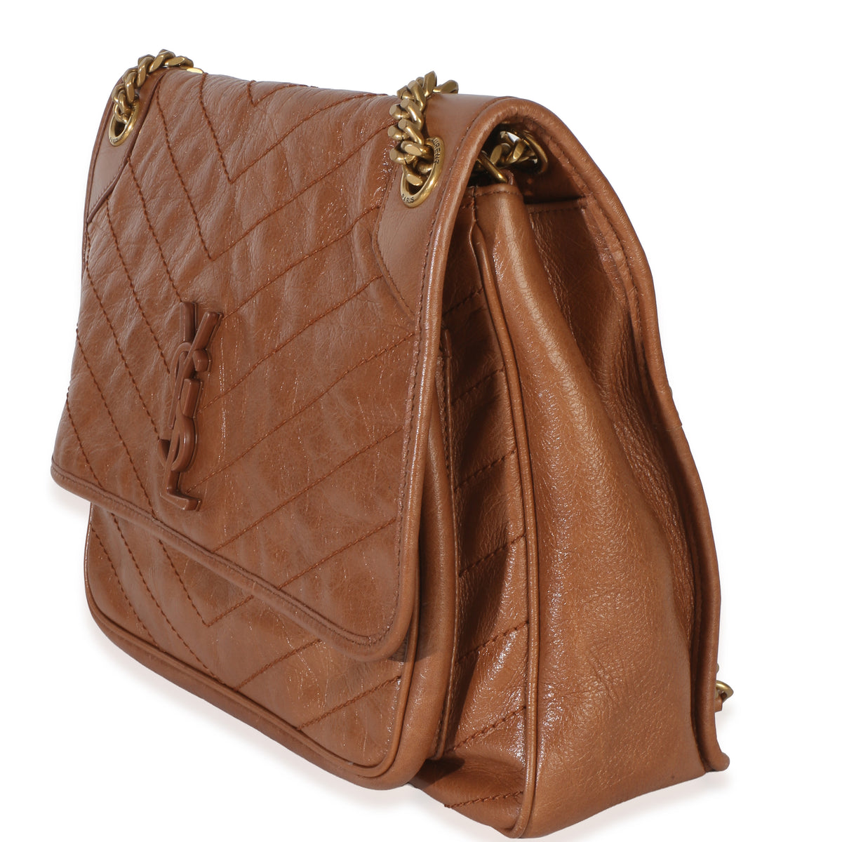 Saint Laurent Caramel Crinkled Calfskin Matelasse Medium Niki Chain Satchel Handbag sv