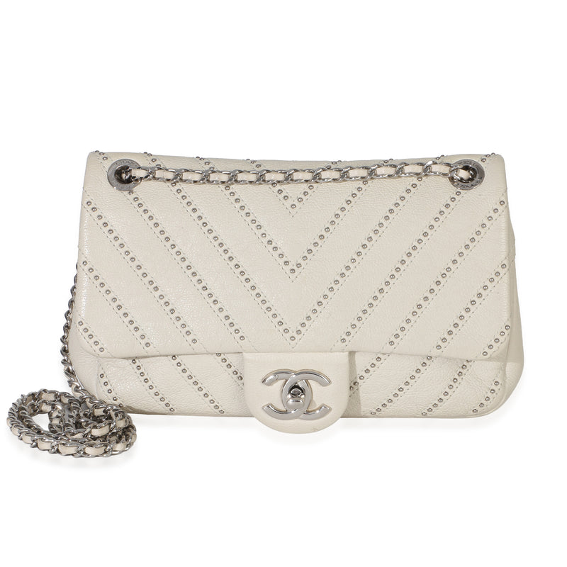 Chanel White Calfskin Chevron Small Stud Wars Flap Bag Handbag id