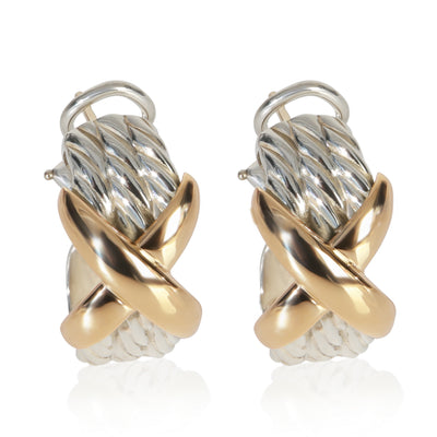 David Yurman Yellow Gold & Sterling Silver  Cable X Hoop Earrings fv