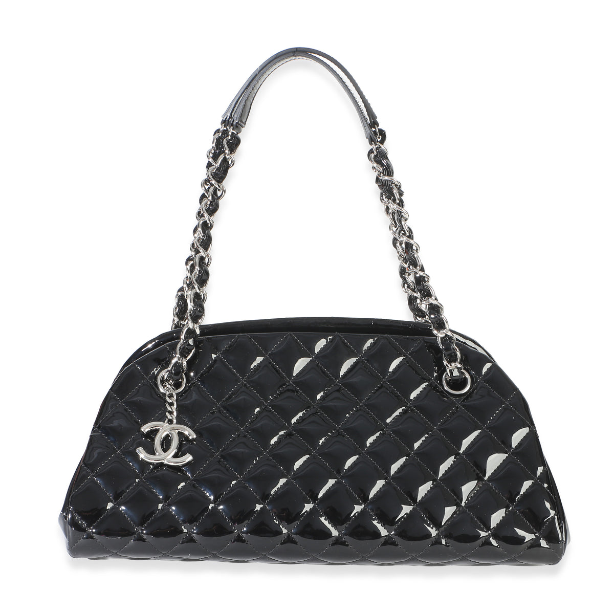 Chanel Black Quilted Patent Medium Just Mademoiselle Bowling Bag Handbag id