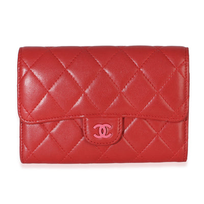 Chanel Red Pink Quilted Lambskin Flap Card Holder Handbag id