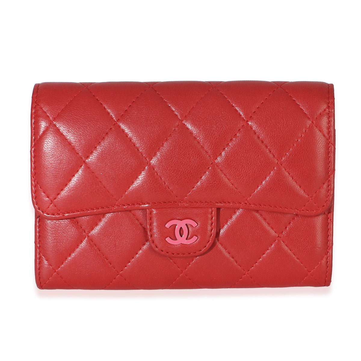 Chanel Red Pink Quilted Lambskin Flap Card Holder Handbag id