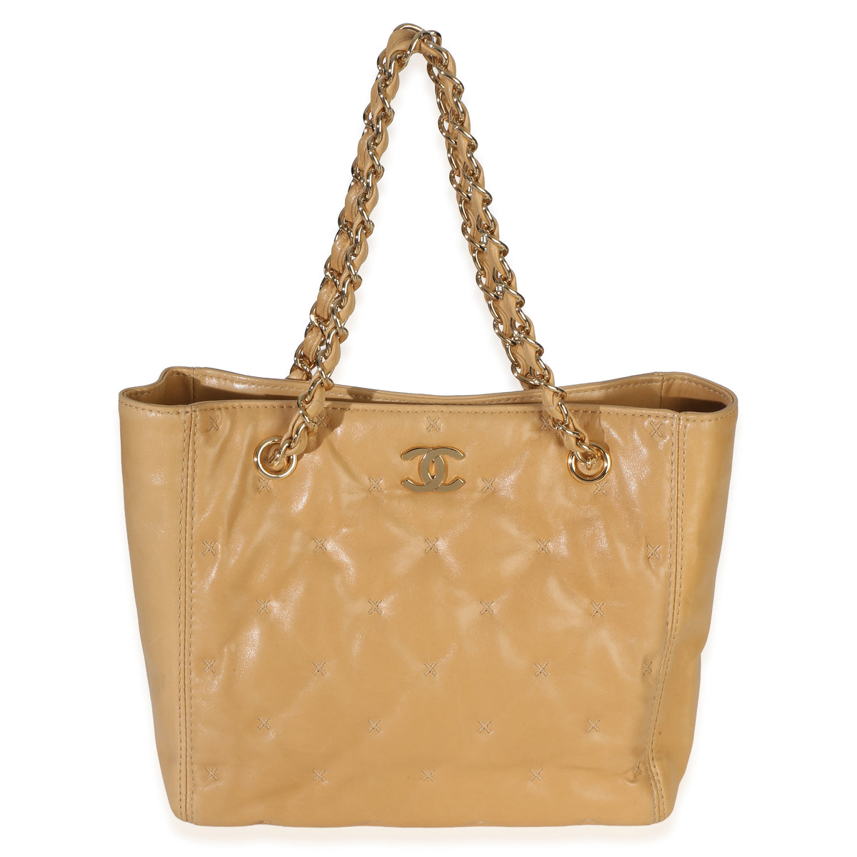 Chanel Beige Quilted Lambskin X Stitch CC Tote Handbag id