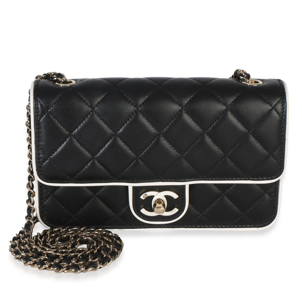 Chanel 26P Black White Quilted Lambskin Resin CC Flap Wallet On Chain Handbag id