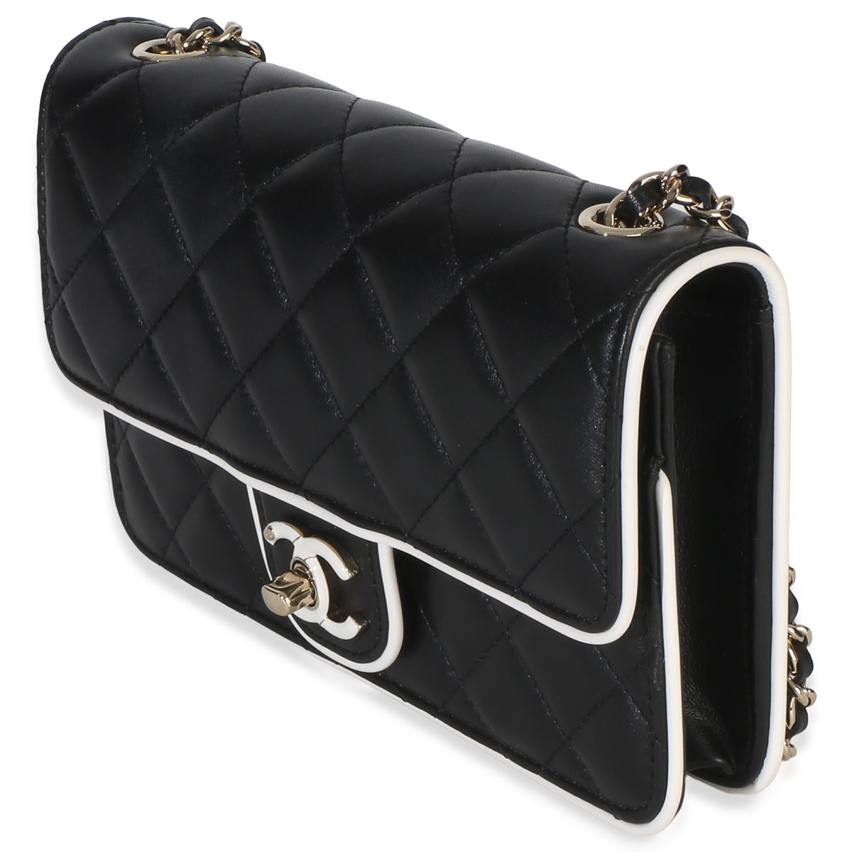 Chanel 26P Black White Quilted Lambskin Resin CC Flap Wallet On Chain Handbag 2