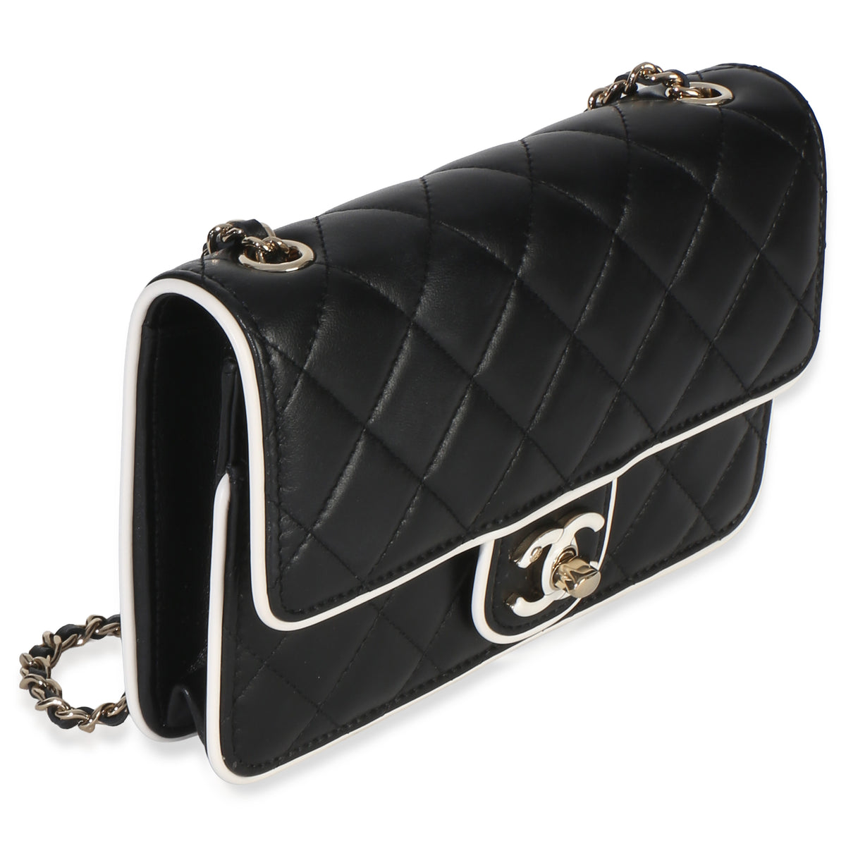 Chanel 26P Black White Quilted Lambskin Resin CC Flap Wallet On Chain Handbag 3