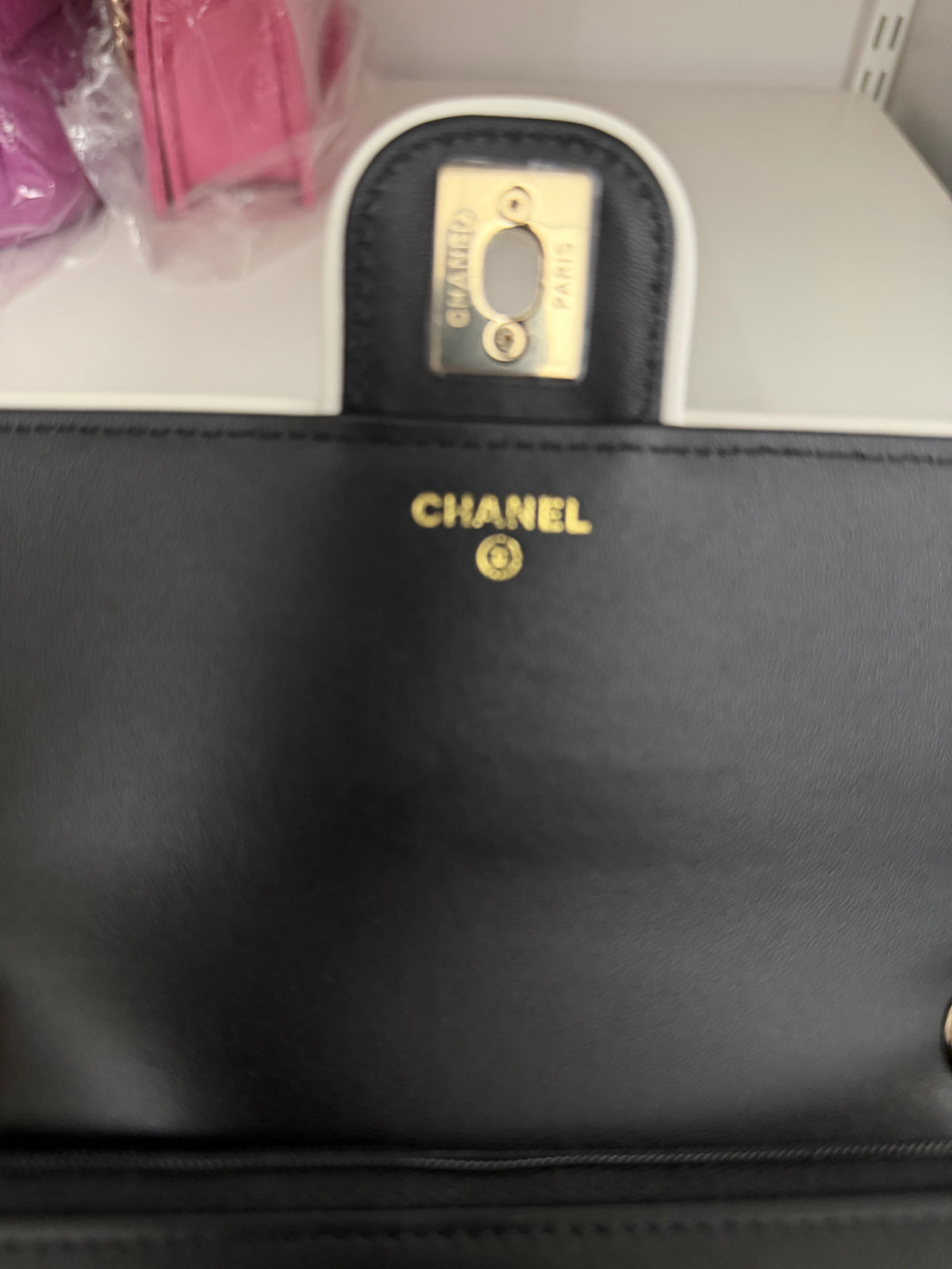 Chanel 26P Black White Quilted Lambskin Resin CC Flap Wallet On Chain Handbag ad3