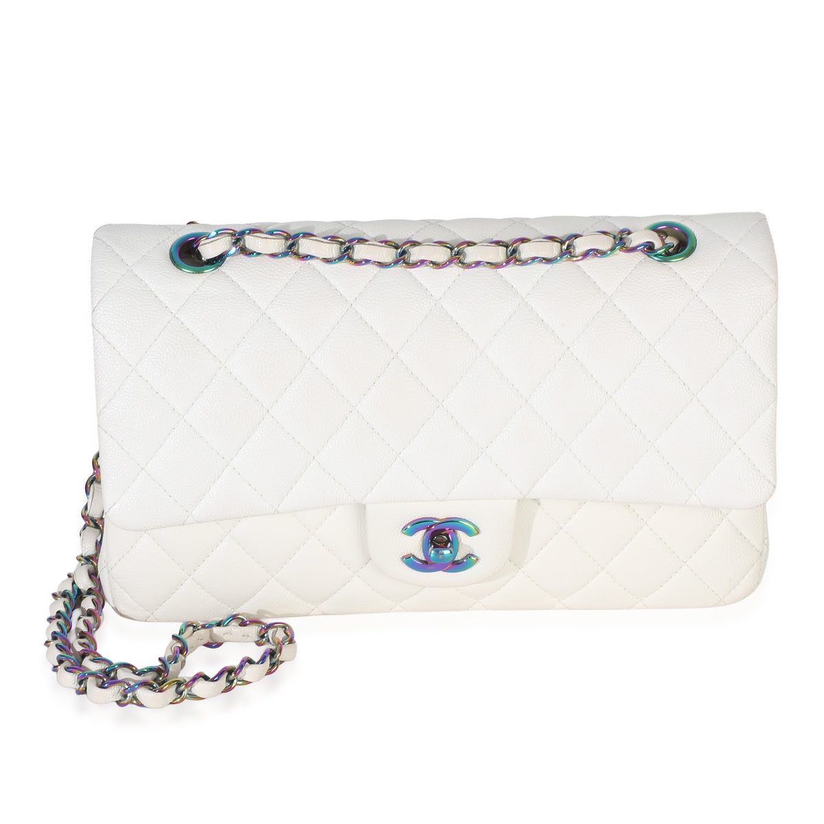 Chanel White Quilted Caviar Rainbow Medium Classic Double Flap Bag Handbag id
