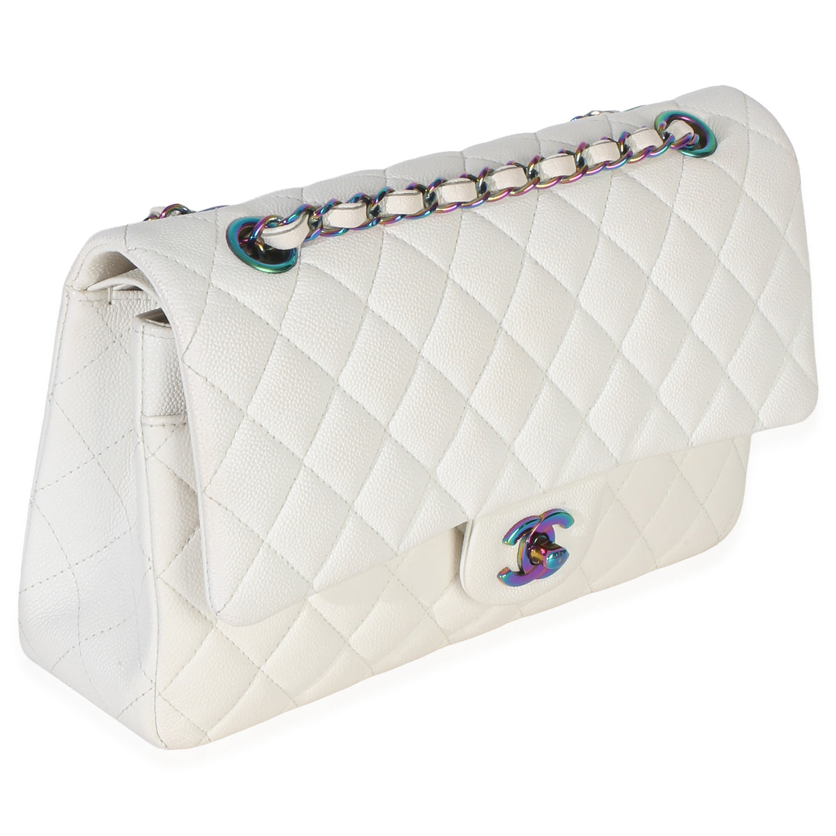 Chanel White Quilted Caviar Rainbow Medium Classic Double Flap Handbag Handbag 3