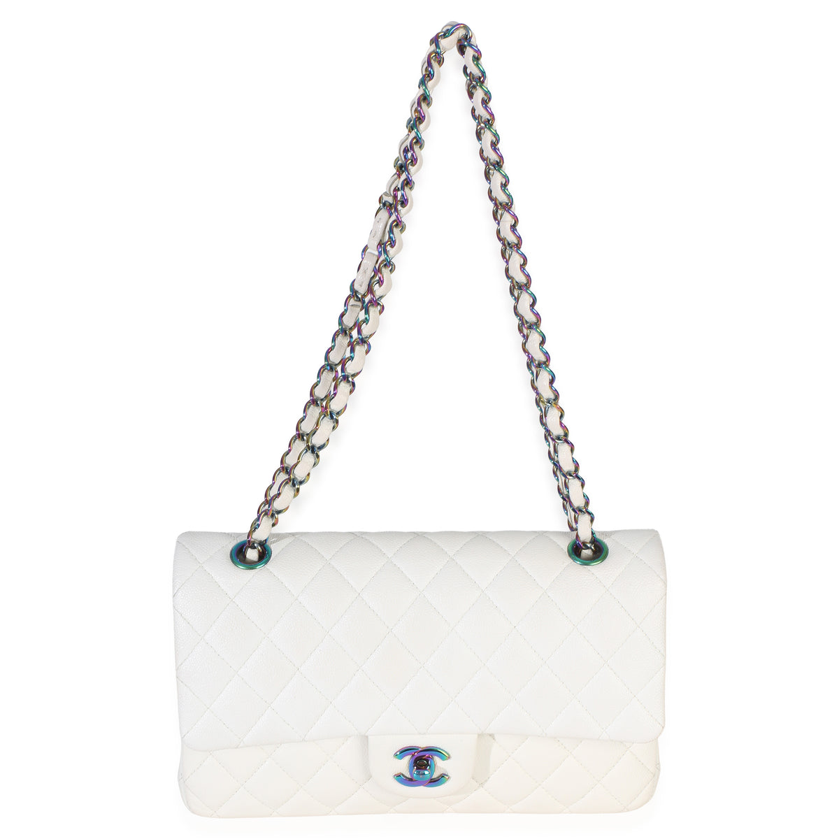 Chanel White Quilted Caviar Rainbow Medium Classic Double Flap Handbag Handbag 8
