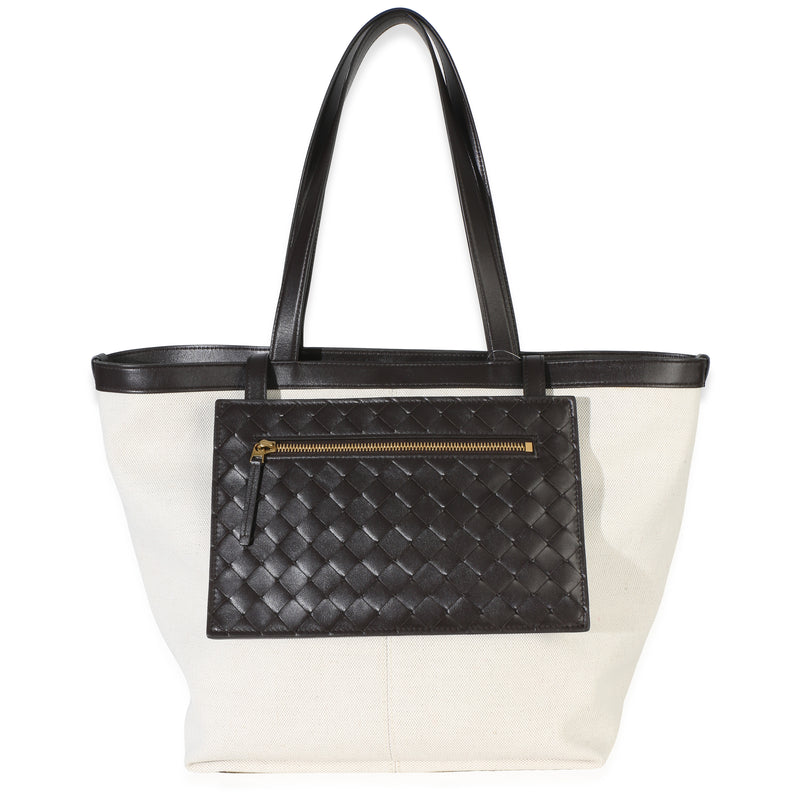 Bottega Veneta Beige Brown Canvas Mix Nappa Intrecciato Medium Flip Flap Tote Handbag fv