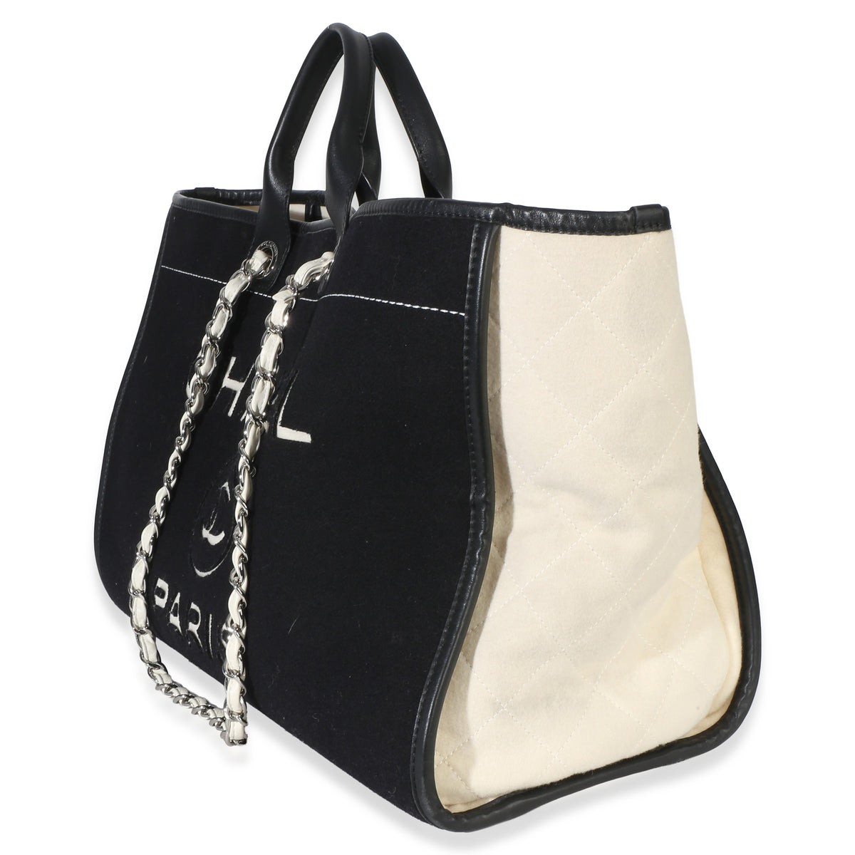 Chanel Black White Wool Calfskin Felt Large Deauville Tote Handbag 2