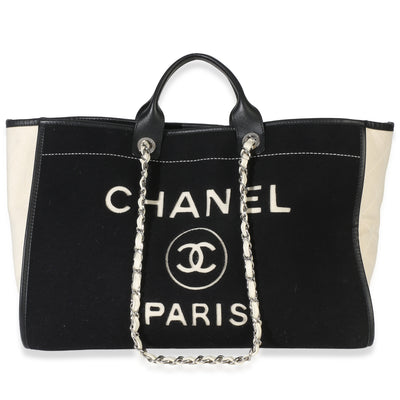 Chanel Black White Wool Calfskin Felt Large Deauville Tote Handbag fv