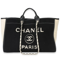Chanel Black White Wool Calfskin Felt Large Deauville Tote Handbag fv